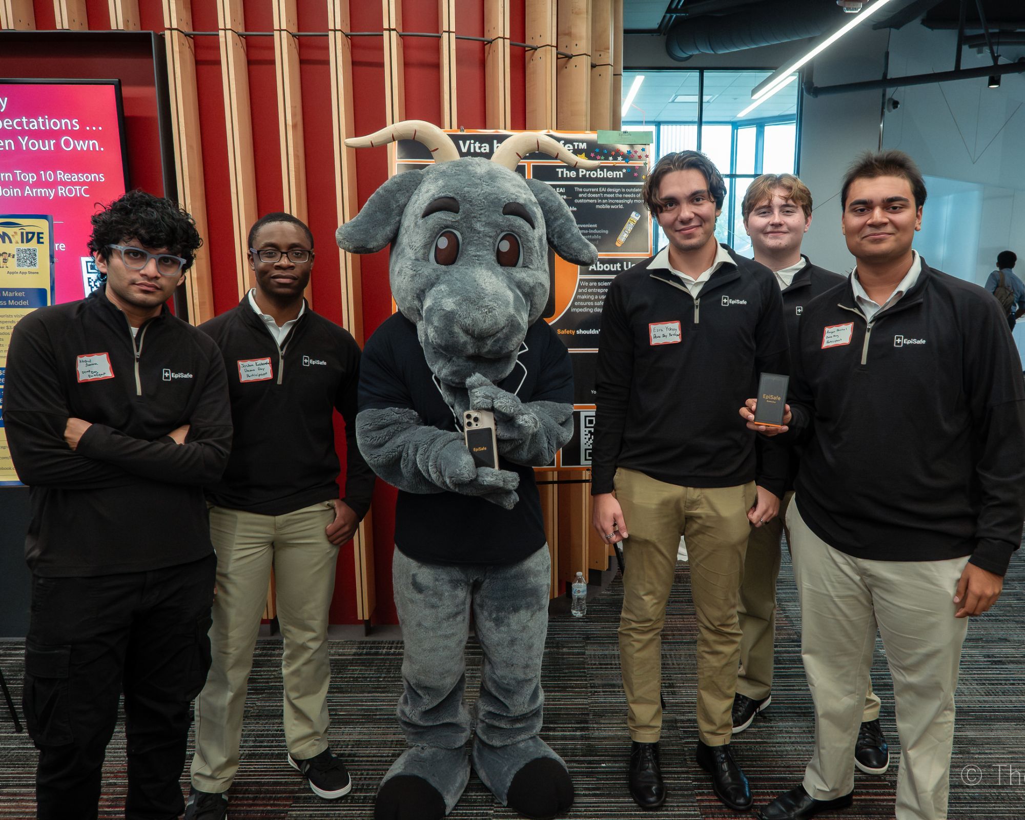 The EpiSafe team with WPI's Gompei the Goat at Demo Day 2025